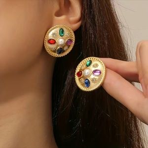 ๐Gold Faux Pearl Multi Colored Gemstone Earrings